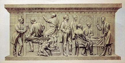 In a weaving mill, a relief by Friedrich Drake on the monument to Beuths zu Kiss in Berlin,