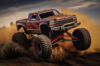 Monster truck driving and jumping outdoors amidst a cloud of dust. Thrill and adrenaline of an