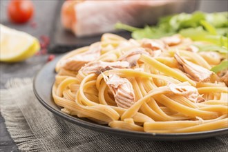 Semolina pasta with salmon and salmon steak on a black concrete background and linen textile. Side