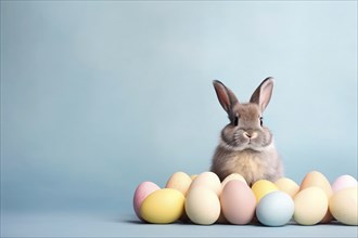 Bunny with pastel easter eggs on blue background with copy space. KI generiert, generiert AI