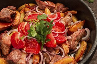 Ojakhuri, Traditional Georgian dish, fried potatoes with meat, in a clay frying pan, top view, no