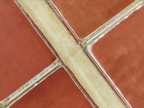 Saline ponds at the Bonanza salt works near Sanlúcar de Barrameda. The red colour depends on the