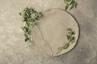 Grey clay plate, handmade, with basil branches, top view, food background, food wallpaper for menu