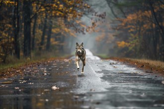 A wolf wanders through a wooded area along a country road, symbol image for herd protection,