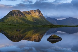 Landscape on the Lofoten Islands. Vagspollen bay, with Offersoykammen mountain behind it. The