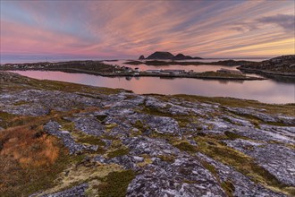 Coastal landscape with village, dawn, sea, autumn, Gjesvaer, Mageroya, Finnmark, Norway, Europe