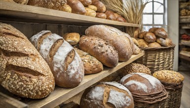 Food, baked goods, many different breads in a bakery, AI generated, AI generated