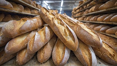 Food, baked goods, many baguettes in a bakery, AI generated, AI generated