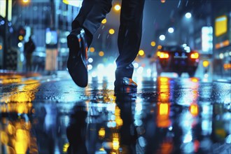 A businessman walks across a street at night in rainy weather, the city lights reflect in the