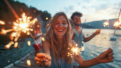 Young adults having fun with sparklers at the lake. generative AI, AI generated