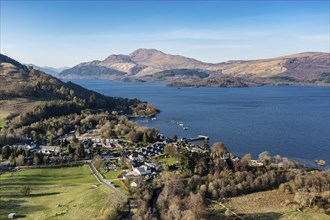 Aerial view of village Luss, Lake Lomond, Scotland, UK