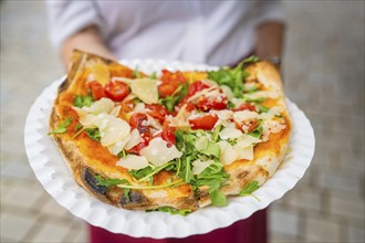 Freshly baked pizza with tomatoes, rocket and cheese on a plate, held in the hand, Nagold, Black