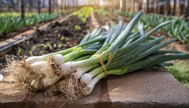 Vegetable, spring onion or spring onion, also winter onion, Allium fistulosum, harvest in a