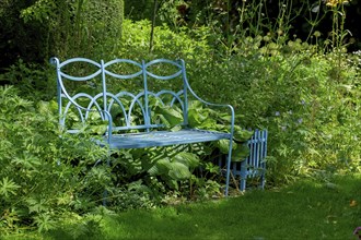 Blue bench in the district educational garden, Burgsteinfurt, Steinfurt, Münsterland, North