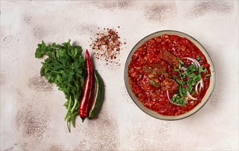 Chashushuli, a traditional Georgian dish, spicy, stewed meat with tomatoes and spices, homemade, no