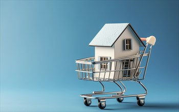 Real estate shopping concept, a house is a shopping cart on blue background, AI generated