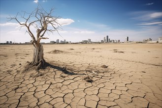 Drought climate change ecology solitude concept, dry dead tree in desert with a dry, cracked ground