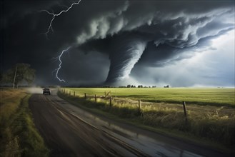 Disaster catastrophe storm concept, tornado in a field in the USA with car on road driving towards