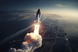 Aerial view of a rocket shuttle carrier launch at sunrise over an ocean coast. The rocket is