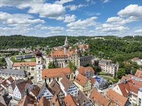 Aerial view of the town of Sigmaringen with the Hohenzollern castle above the old town, district of