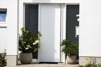 Modern white front door on a residential building