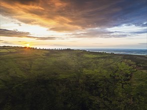 Sunset over Cod Beck Reservoir from a drone, North York Moors National Park, North Yorkshire,