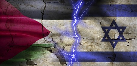 Palestine vs Israel flag on cracked wall. Israel and Palestine war concept