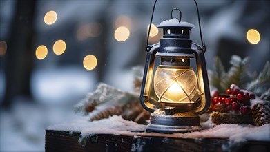 Vintage-style Christmas lantern hanging on a rustic post, covered in frost and surrounded by