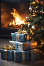 Beautiful wrapped Christmas gifts with shiny ribbons and bows stacked under a evergreen tree in a