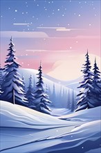 Abstract winter wonderland with minimalist stylized pine trees and snowdrifts using soft pastel