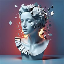 3d rendering of broken bust with illumination against colored background, AI generated