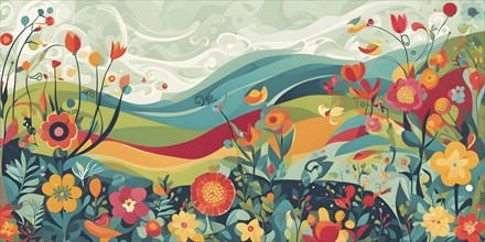 Playful, abstract illustration of a spring garden with exaggerated, colorful floral forms, and