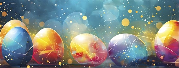 Easter-inspired abstract artwork with layered, translucent egg shapes overlapping with bursts of