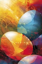 Easter-inspired abstract artwork with layered, translucent egg shapes overlapping with bursts of