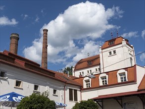 Old brewery building with chimney, Cvikov, Ceská Lípa, Czech Republic, Europe