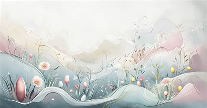 Easter-themed abstract landscape with fluid, flowing lines representing hills, flowers, and hidden