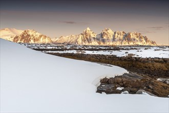 Winter landscape, Rugged mountains, Lofoten island Vestvågøya at the fjord Gimsøystraumen, Lofoten,