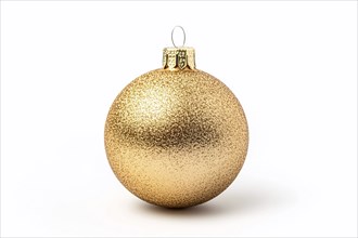 Single golden Christmas bauble ornament on white background. Generative Ai, AI generated