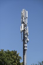 Radio mast at a motorway service station, blue sky, Baden Württemberg, Germany, Europe