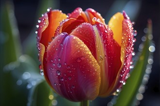 Dew-covered tulip, with water droplets glistening on its vibrant petals in early morning light, AI