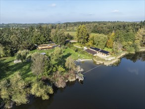 Aerial view of the lido with catering facilities at the natural bathing lake Böhringer See,