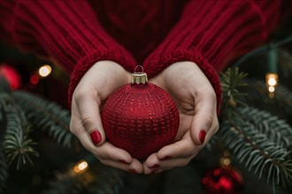 Close up of woman's hands holding single red Christmas tree bauble. Generative Ai, AI generated