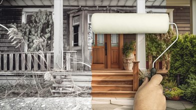 Before and after of man using painting roller over run down house porch to reveal beautiful