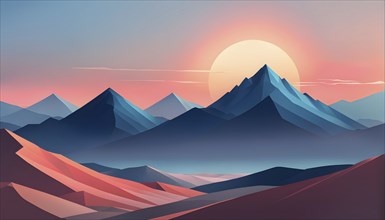 Minimalist landscape with stylized mountains and a setting sun, represented by simple geometric