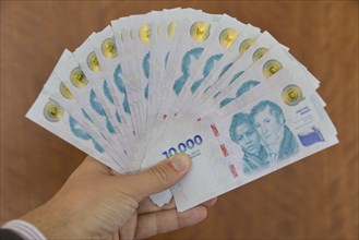 Hand of a businessman with many banknotes 10, 000 Argentine pesos like a fan