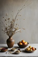 Still life scene of a simple wooden table with a vase of dried flowers, a few ceramic bowls, and