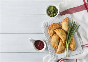 Fried chebureks, close-up, on a light background, no people