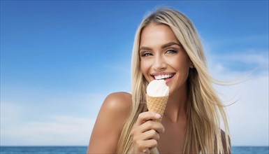 A blonde woman enjoys eating an ice cream cone, AI generated