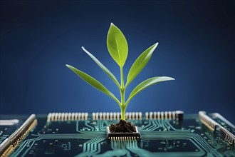 Plant growing on a computer chip representing digital ecology business, AI generated