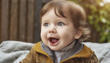 A baby with blue eyes and brown hair smiles joyfully in a natural environment, AI generated, AI